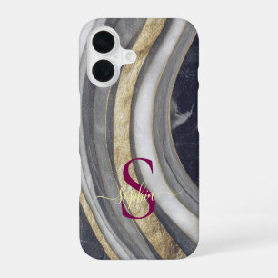 black & white marble gold glitter monogram iPhone 16 case