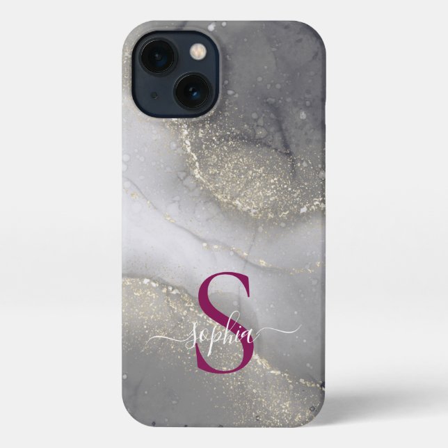 black & white marble gold glitter monogram iPhone case (Back)