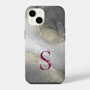 black & white marble gold glitter monogram iPhone 14 case