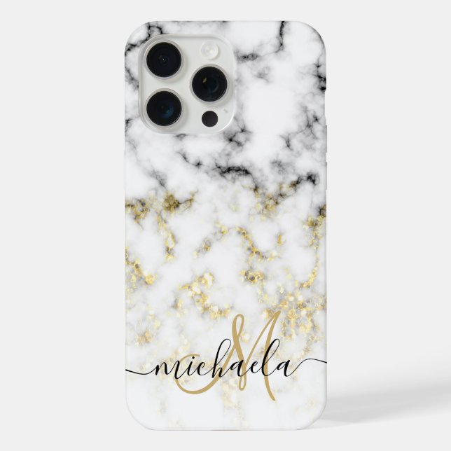 Black white marble gold sparkle bling Monogram iPhone Case (Back)