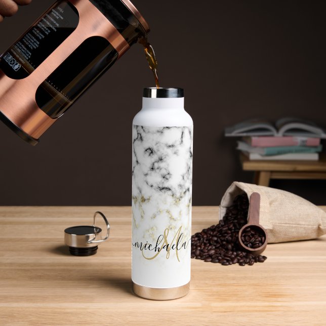 Black white marble gold sparkle Custom Monogram Water Bottle (Coffee)