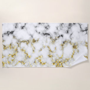 Black white marble gold sparkle flakes texture beach towel
