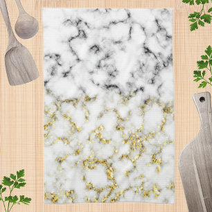 Black white marble gold sparkle flakes texture tea towel
