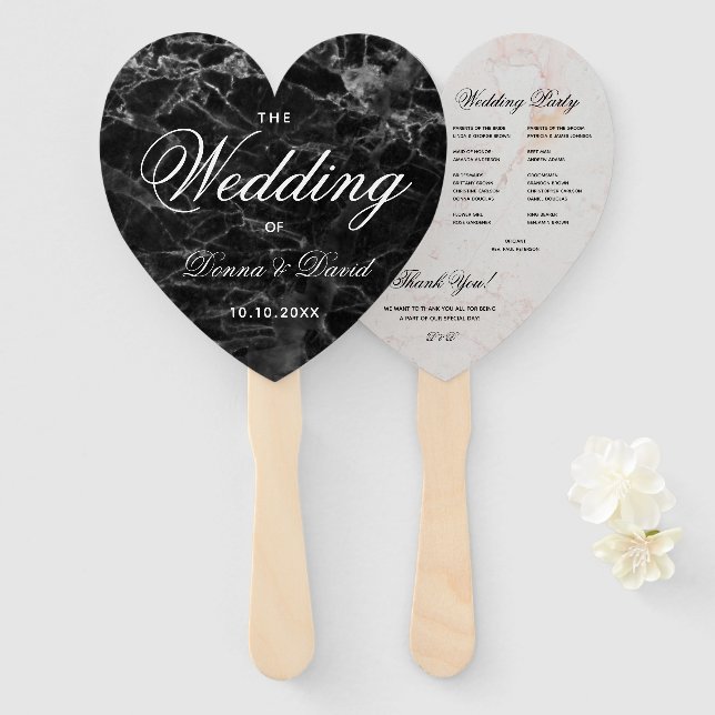 Black White Marble Heart Elegant Wedding Program  Hand Fan (Front and Back)
