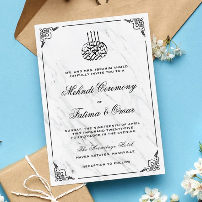 Black White Marble Islamic Muslim Mehndi Ceremony Invitation (Creator Uploaded)