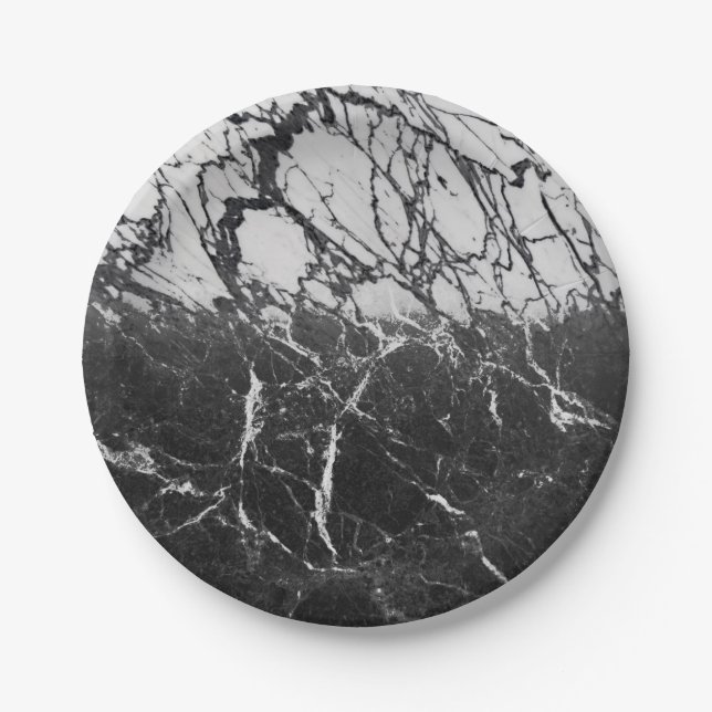 Black & White Marble Modern Glam Trendy Party Paper Plate (Front)