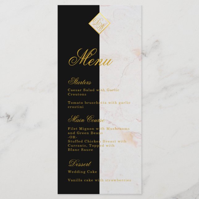 Black White Marble Monogram Calligraphy Faux Gold  Menu (Front)