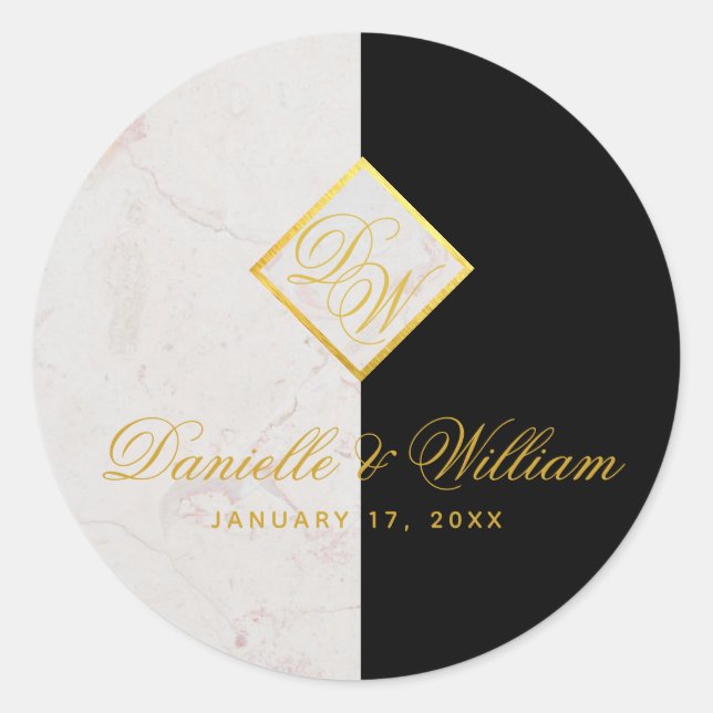 Black White Marble Monogram Gold Elegant Wedding Classic Round Sticker (Front)