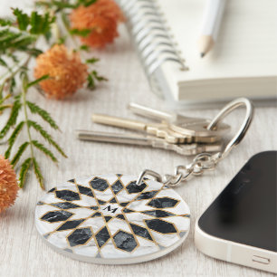 Black & White Marble Moroccan Mosaic Monogram Key Ring