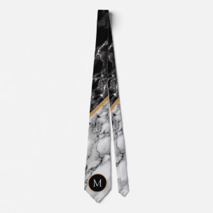 Black White Marble Neck Tie with Custom Letter