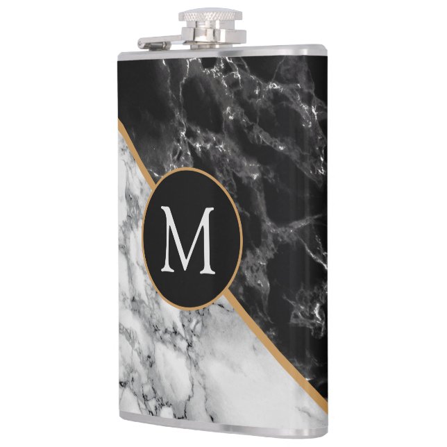 Black White Marble Personalised Monogram Flask (Left)