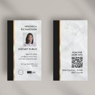 Black & White Marble Professional Notary Photo QR  Business Card