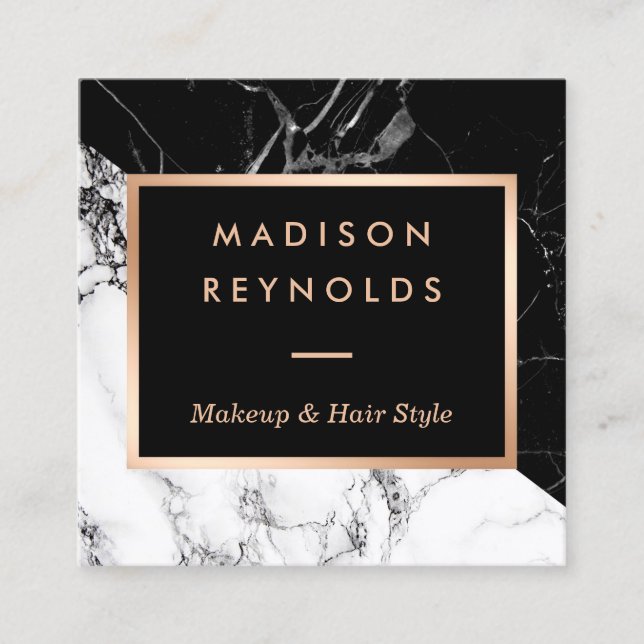 Black White Marble Rose Gold Beauty Salon Square Business Card (Front)
