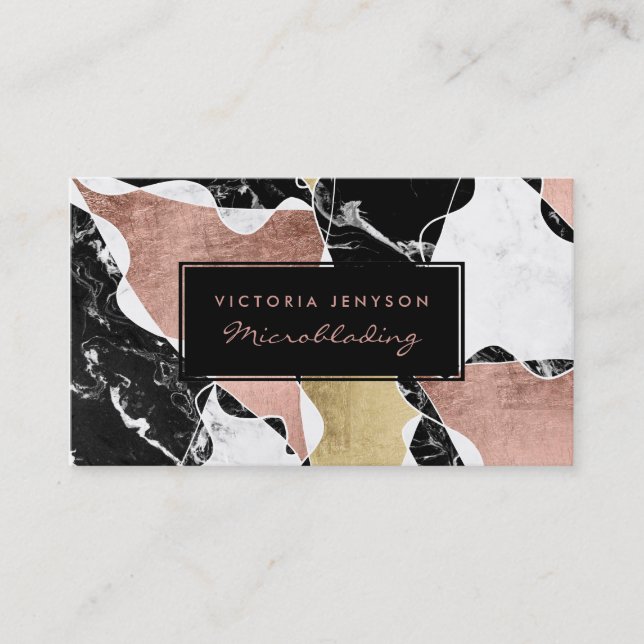 Black white marble rose gold block Microblading Business Card (Front)