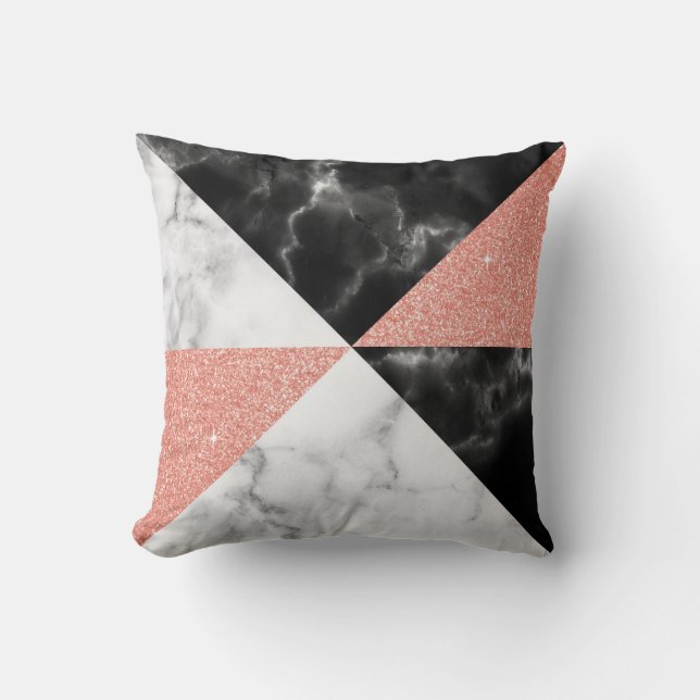 Black White Marble & Rose Gold Glitter Geometric Cushion (Front)