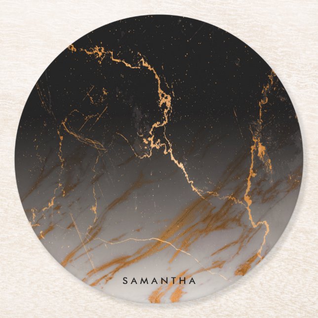 Black & White Marble Round Paper Coaster (Front)