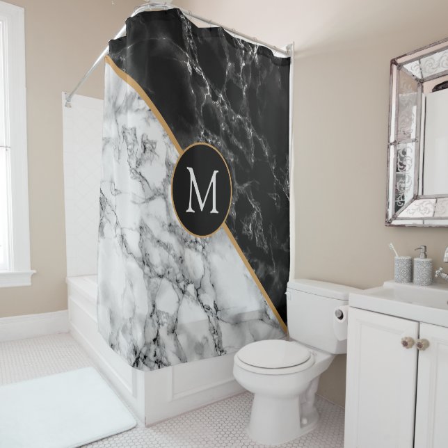 Black White Marble Shower Curtain Custom Letter (In Situ)