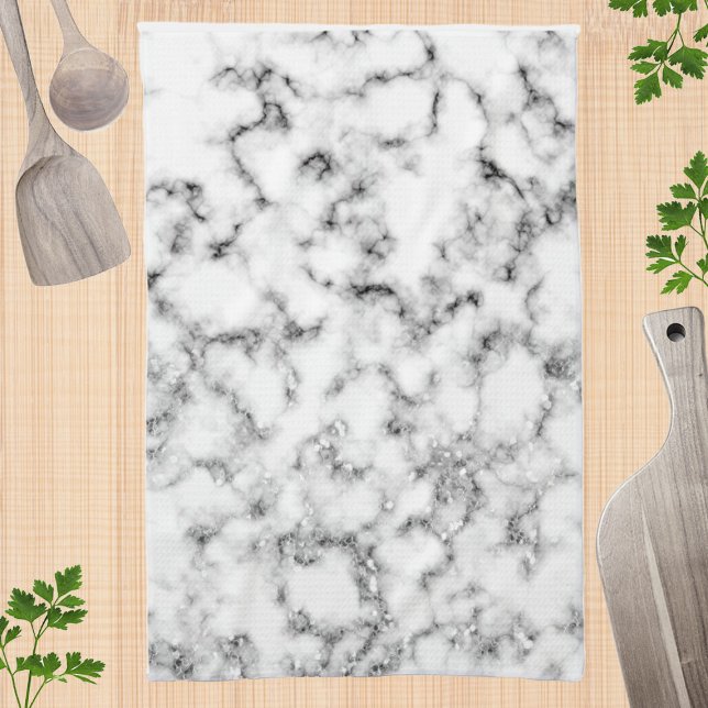 Black white marble silver sparkle flakes texture tea towel (Creator Uploaded)