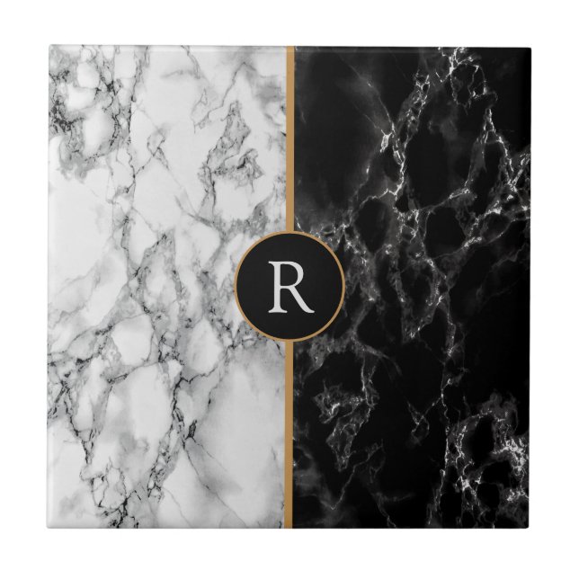 Black & White Marble Stone - Customisable Ceramic Tile (Front)