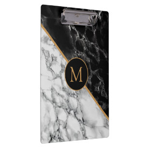 Black White Marble Stone Modern Monogram Clipboard