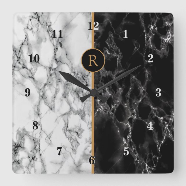 Black & White Marble Stone - Personalizable - Square Wall Clock (Front)