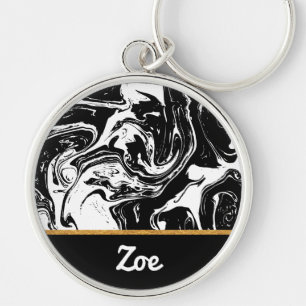 Black & White Marble Style Button Keychain