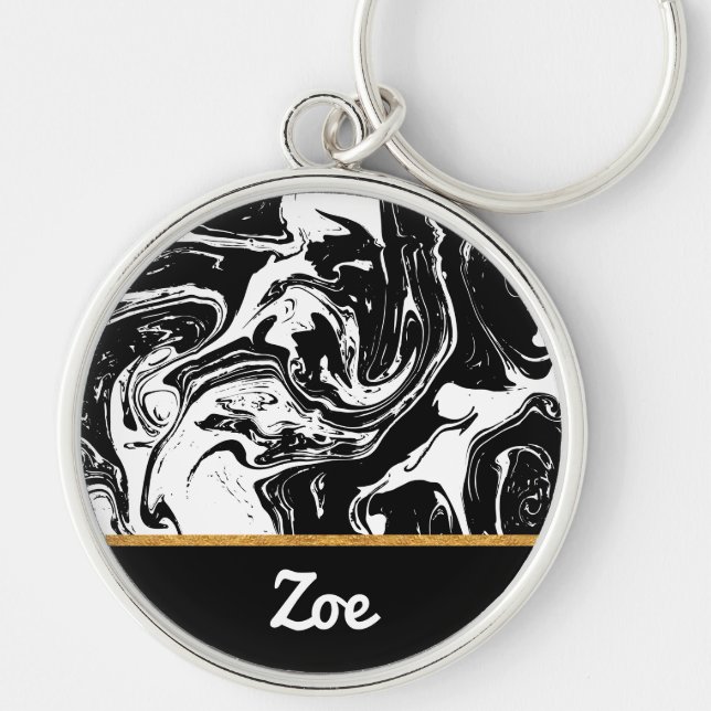 Black & White Marble Style Button Keychain (Front)