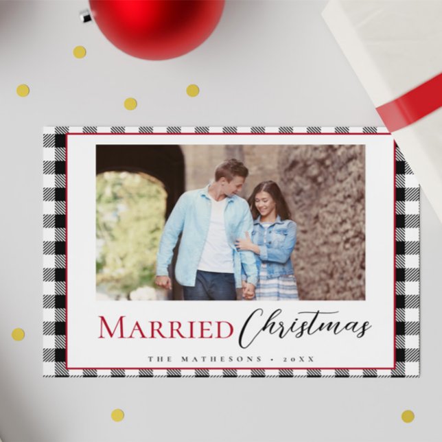 Black White Married Christmas Modern Holiday Card (Married Christmas! holiday photo newlywed card)