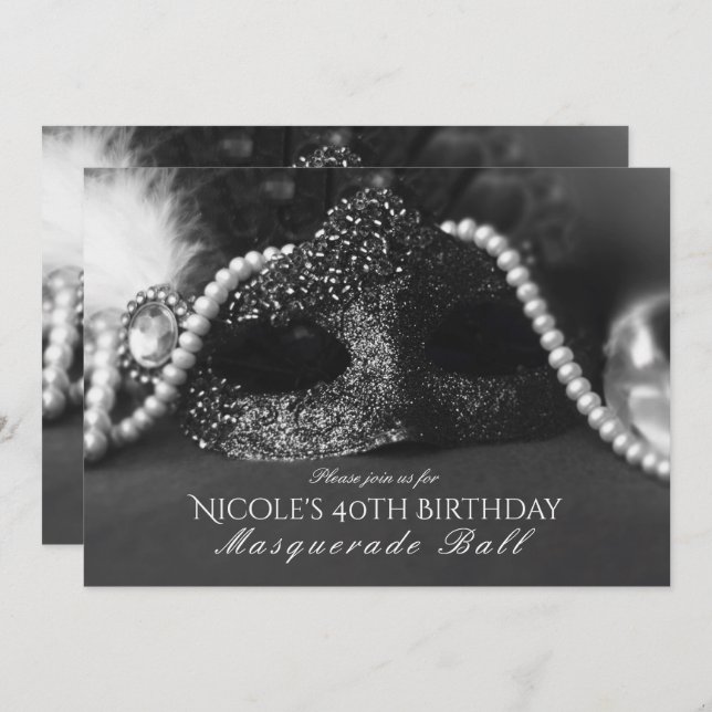 Black & White Masquerade Mask & Pearls Invitations (Front/Back)