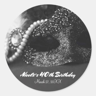 Black & White Masquerade Mask & Pearls Party Favou Classic Round Sticker