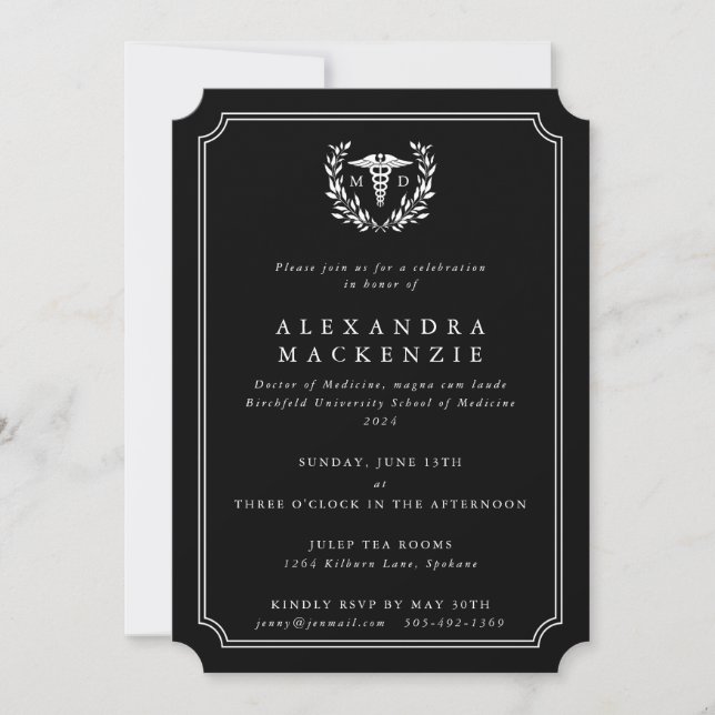 Black/White MD Caduceus Doctor Graduation Invitation (Front)