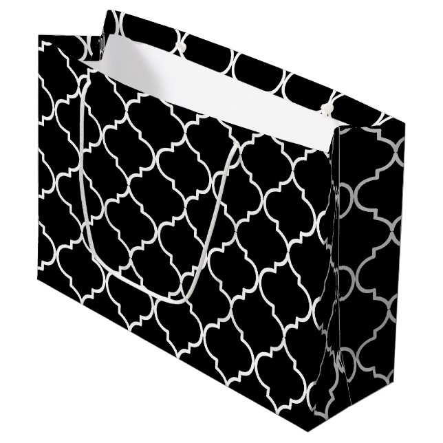 Black & White Mediterranean Moroccan Pattern  Large Gift Bag (Front Angled)