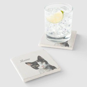 Black White Meow Cat Stone Coaster