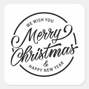 Black White Merry Christmas Calligraphy Script Square Sticker