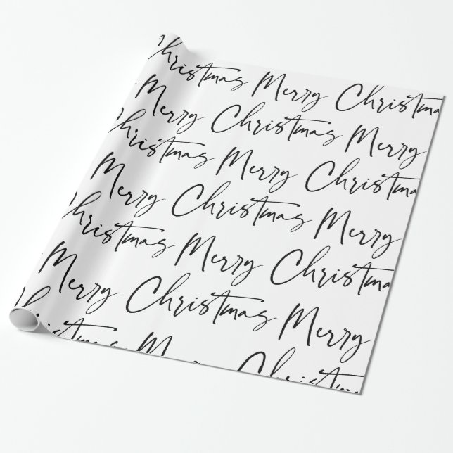 Black White Merry Christmas Script Gift  Wrapping Paper (Unrolled)
