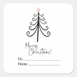 Black White Merry Christmas Tree Gold Star Square Sticker