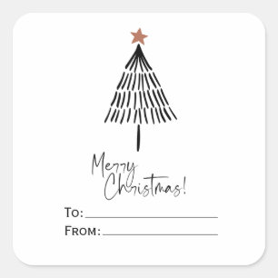 Black White Merry Christmas Tree Hand Drawn Square Sticker