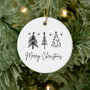 Black White Merry Christmas Tree Holiday Card Ceramic Ornament