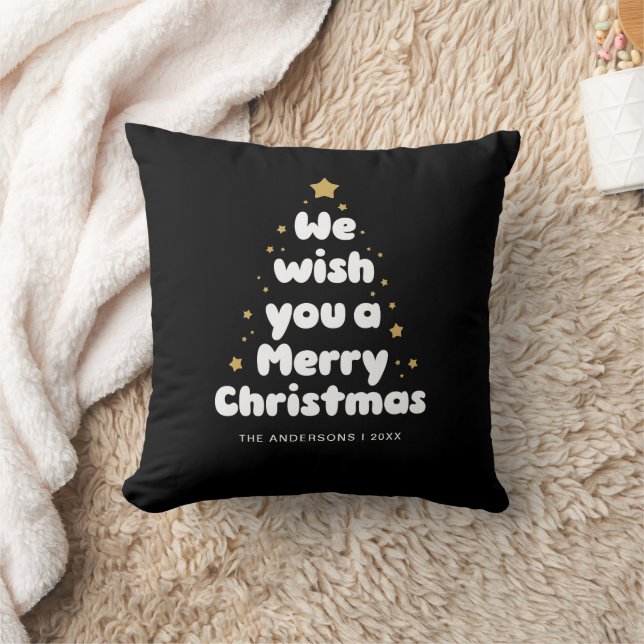 Black White Merry Christmas Tree Typography  Cushion (Blanket)