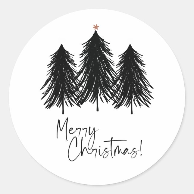 Black White Merry Christmas Trees Holiday Classic Round Sticker (Front)