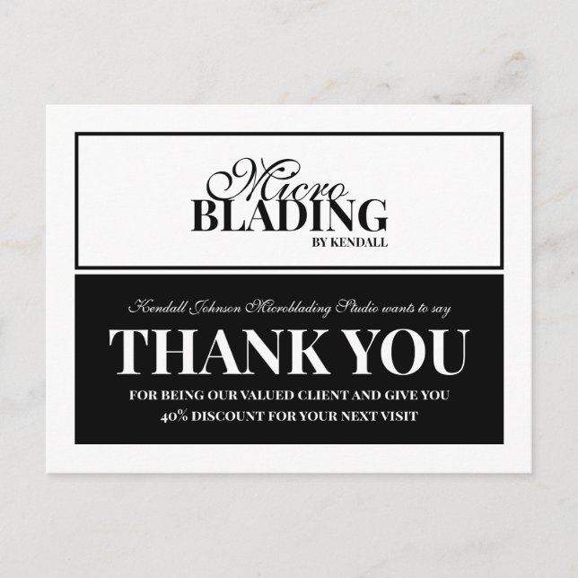 Black White Microblading Thank You Client Discount Postcard (Front)