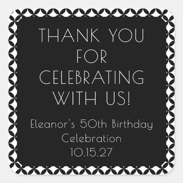 Black White Mid Century 50th Birthday Thank You Square Sticker (Front)