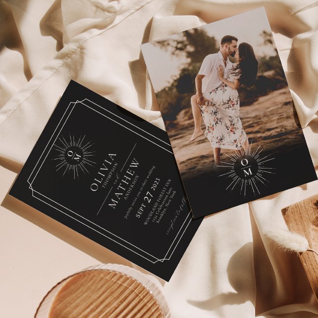 Black White Mid Century 70s Monogram Photo Wedding Invitation (Creator Uploaded)