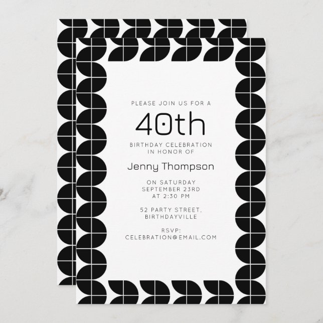 Black & White Mid Century Modern Abstract Birthday Invitation (Front/Back)
