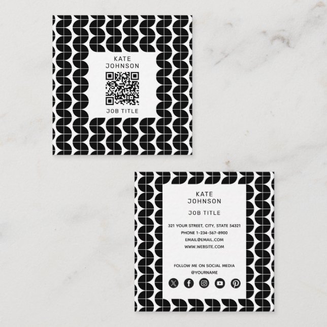 Black & White Mid Century Modern Abstract Pattern Square Business Card (Front/Back)