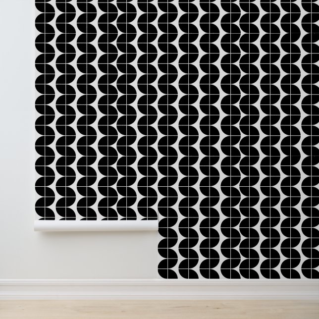 Black & White Mid Century Modern Abstract Pattern Wallpaper (Application)