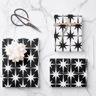 Black & White Midcentury Modern Retro Starbursts  Wrapping Paper Sheet