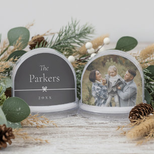 Black & White Minimal Bow Family Name & Photo Snowglobe