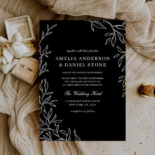 Black & White Minimal Elegant Leaf Wedding Invitation