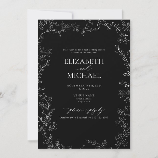 Black & White Minimal Leaf Post Wedding Brunch Invitation (Front)